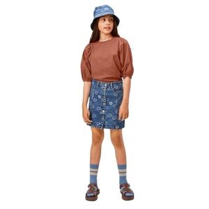 Molo Bera Blue Happiness Denim Mini Skirt Girls Size 16 Smiley Face Button Front